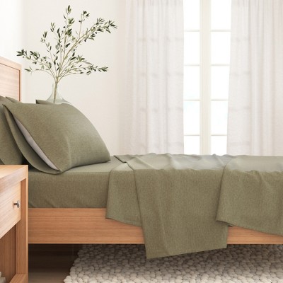 Heathered Olive Queen Size Cotton Blend Flannel Sheet Set