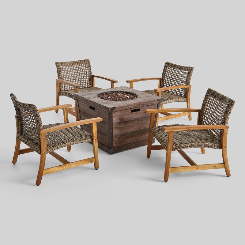Hampton 5pc Wood & Wicker Club Chair Set with Fire Pit - Christopher Knight Home, 3 of 9