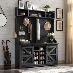 SinCiDo 59" Shoe Racks with 20 Shoe Cubbies & 12 Coat Hooks & Sliding Barn Doors, Farmhouse Entryway Hutch, Black - 1 of 4
