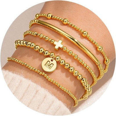 Gold Cross Bead Bracelets Set for Women, Dainty Layered Initial Letter A-Z Stackable Jewelry Gifts