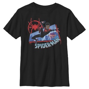 Boy's Marvel Spider-Man: Into the Spider-Verse Miles Kick Above City T-Shirt - 1 of 4