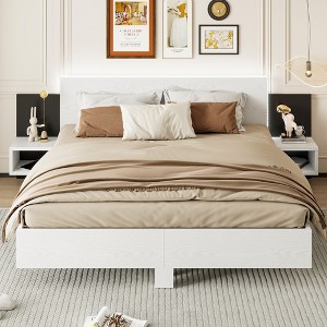 Okak King Floating Platform Bed Frame with Bedside Nightstand Bed with LED Lights Strong Wood Slats No Springs Required Easy to Assemble, White - 1 of 4