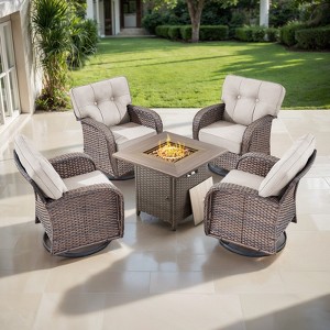 Belord Patio Swivel Gliding Rocker Chairs Set of 4, Wide Backrest Brown Wicker Patio Furniture Set with Firepit Table and Swivel Outdoor Chair - 1 of 4