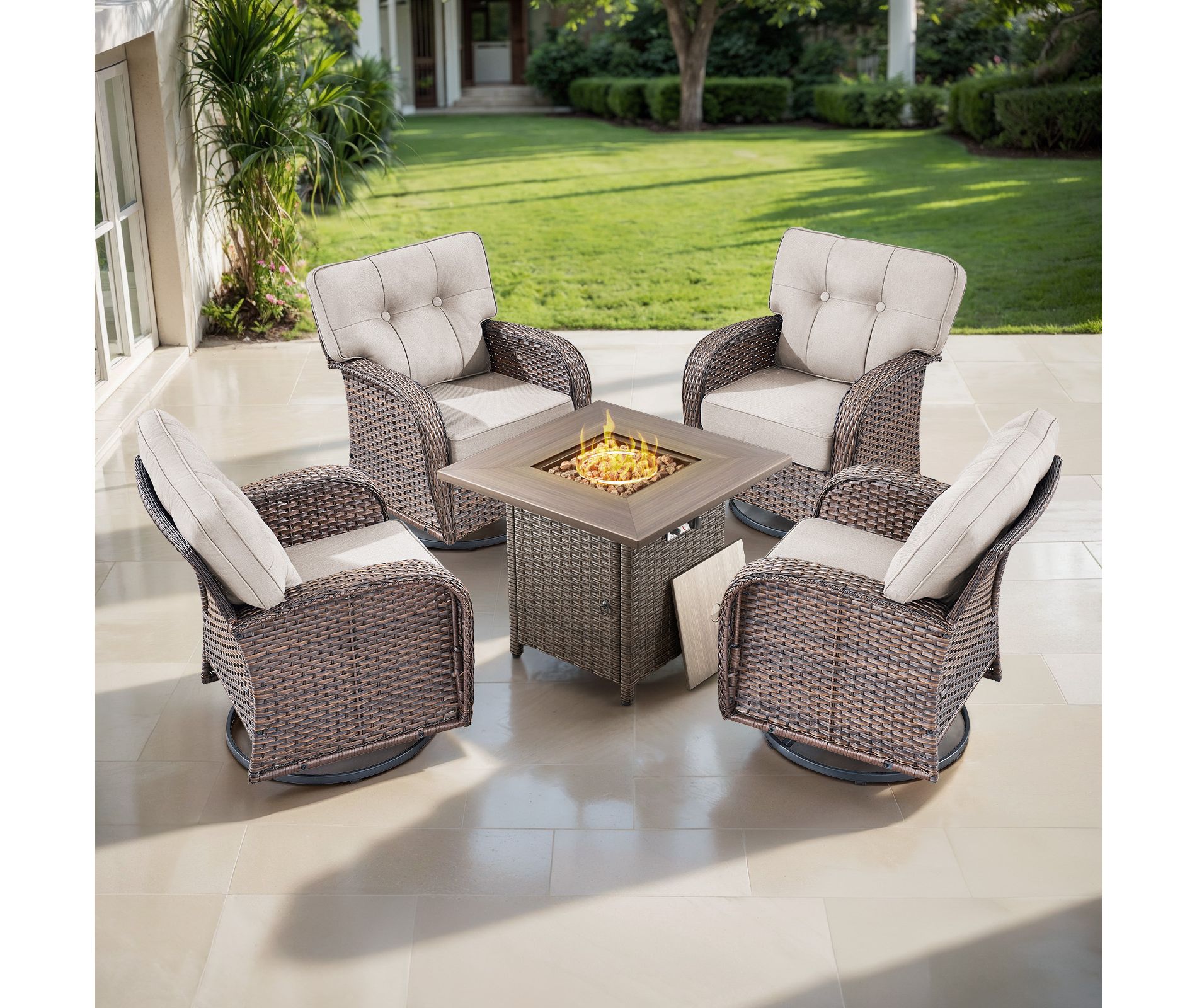 Belord Patio Swivel Gliding Rocker Chairs Set of 4, Wide Backrest Brown Wicker Patio Furniture Set with Firepit Table and Swivel Outdoor Chair