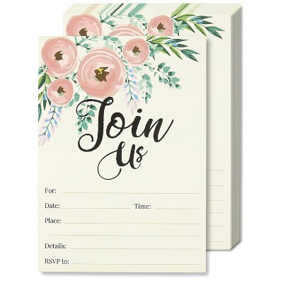 Juvale 50-Pack Watercolor Join Us Invitation Cards with Envelopes, Floral Design (5 x 7 Inches)
