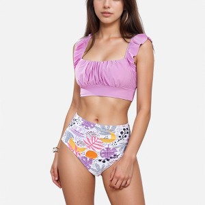 Anna-Kaci Swim Women's Ruffle Bikini Top with Ruched Bust Detail and High Waist Leaf Print Bottom Swimsuit Set - 1 of 4