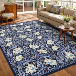 Acekool Floral Washable Rugs - Vintage Botanical Print Area Rug - 1 of 4
