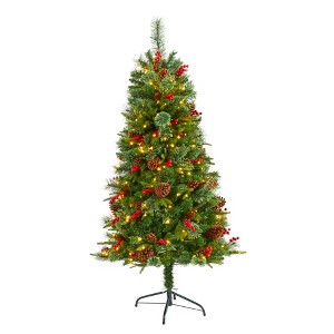 Nearly Natural 5-ft Norway Mixed Pine Artificial Christmas Tree with 200 Clear LED Lights, Pine Cones and Berries - 1 of 4