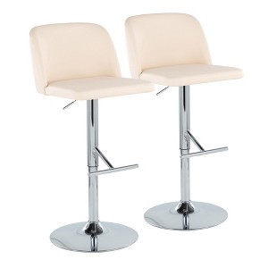 Contemporary Adjustable Barstool with Swivel, Cream Faux Leather, Chrome Metal Base with Straight T Footrest, Set of 2 - 1 of 4