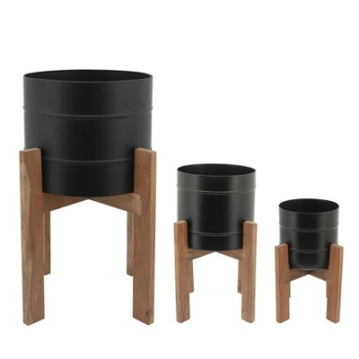 Sagebrook Home Set of 3 Cylinder Metal Planters with Wood Stand Black