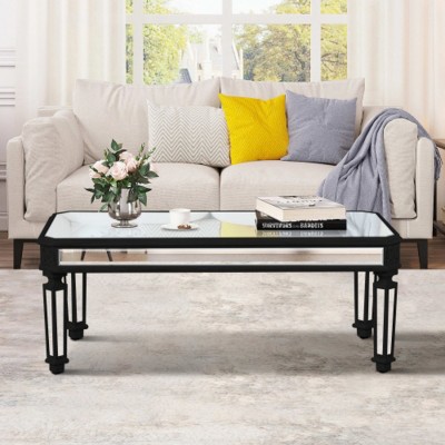 Vintage Mirrored Coffee Table with Carved Accents, Rectangular Glass Center Table for Living Room, Finish Modern Tea Table-Maison Boucle