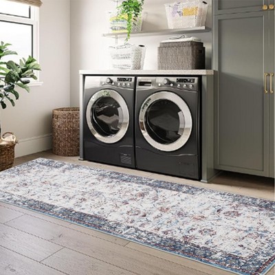 Washable Vintage Floral Distressed Rug Non Slip Low Pile Rug Soft Foldable Rugs Living Room Bedroom