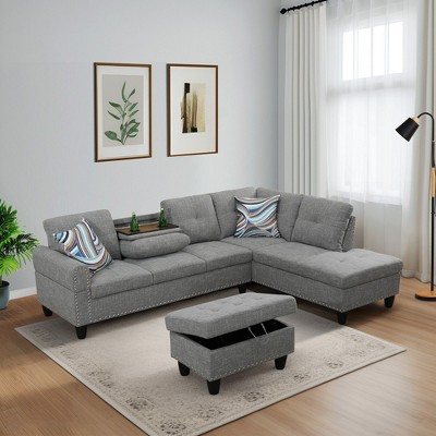 3-Piece L-Shaped Combination Sofa Set in Grey Linen for Living Room
