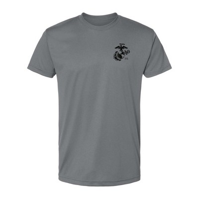OUTSIDE THE WIRE Leatherneck for Life Grey Left Chest Eagle, Globe, and Anchor Established Performance T-Shirt- Black Logo
