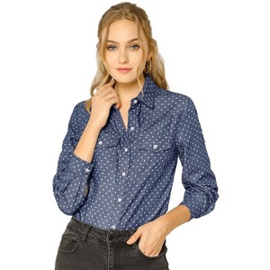 Allegra K Women's Regular Fit Point Collar Chest Pockets Button Down Dots Shirt - 1 of 4
