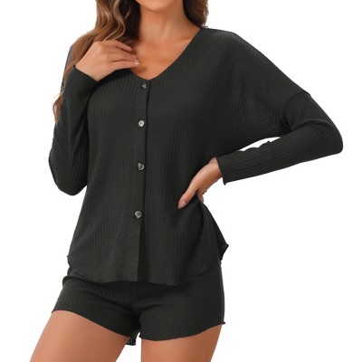 cheibear Women's Waffle Knit Button-Up Long Sleeve Top and Shorts Pajama Set