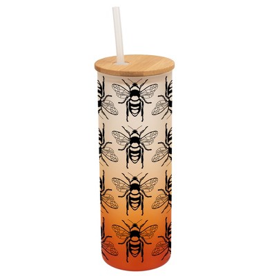 Elanze Designs Honey Queen Bumble Bee Hive Wrap-Around Design 25 Ounce Frosted Gradient Glass On-The-Go Coffee Travel Skinny Tumbler Mug Cup, Bamboo