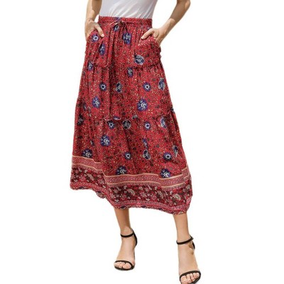 Womens Boho Pleated Midi Skirt Ruffle Tiered Tie Waist Flowy Long Skirts with Pockets