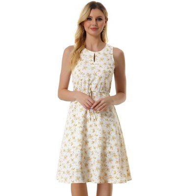Allegra K Women's Floral Split Neck Drawstring Waist Sleeveless A-Line Summer Midi Dress