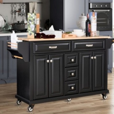 Wood Top Kitchen Island Cart with Wheels, 4 Doors & 5 Drawers, Rolling Storage Cabinet for Kitchen or Dining – The Pop Home
