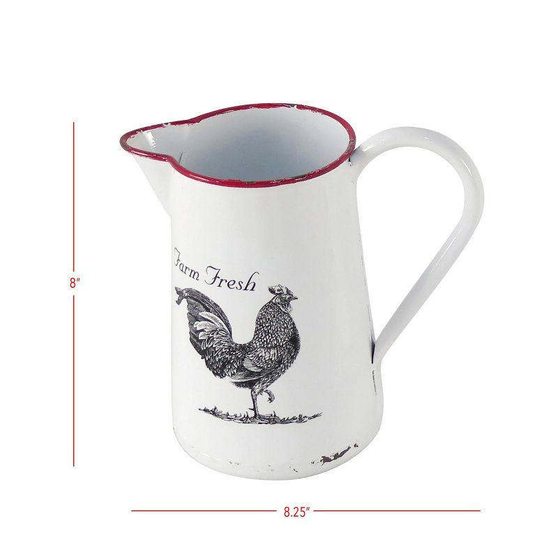 Red Rim White Enamel With Screen Printed Rooster Decorative Pitcher - Foreside Home & Garden, 4 of 10