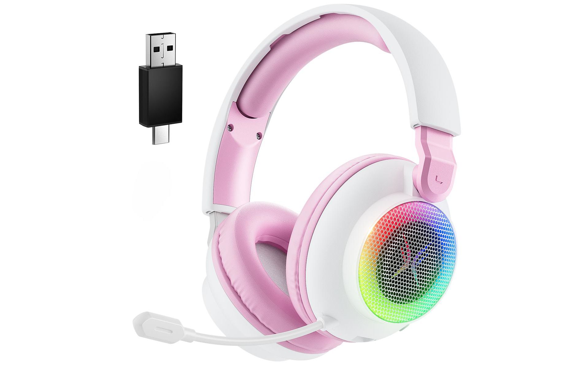Tri-mode gaming headset, over-ear design, RGB lighting, noise cancellation, long battery life, multi-device compatibility.