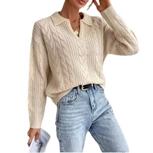 Women's Casual Fall Sweaters Lightweight Lapel Sweaters Cable Knit Long Sleeve V Neck Pullover Tops Fashion Outfits - 1 of 4
