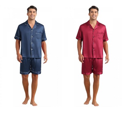 INSPIRE CHIC Men's 2 Pack Satin Pajamas Set Classic Short Sleeve Loungewear