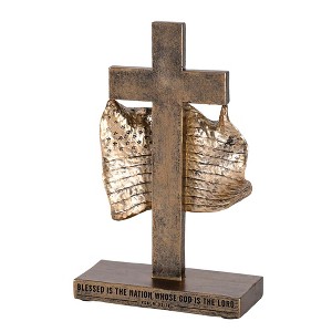 Dicksons Tabletop Cross Sculpture Figurine 8 x 5 Resin Distressed Bronze Toned Cross with American Flag - 1 of 1