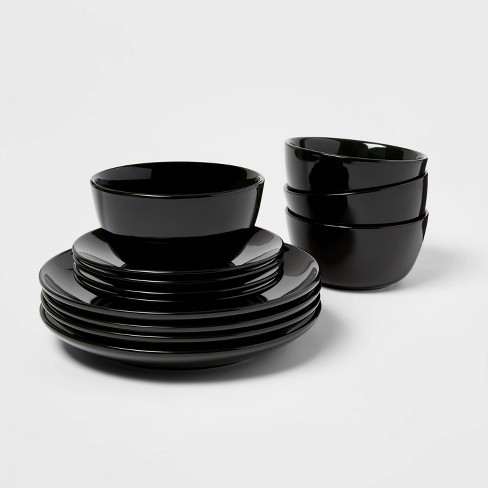 ZYAN 16 Piece Round Dinnerware Sets, Black and White Metro Stoneware Dish  Sets, Dishwasher Safe Plates and Bowls Sets for 4