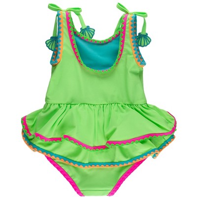 RuffleButts Girls UPF50+ Crochet Detail Peplum One Piece Swimsuit - Neon Honeydew, 7 — фото 2