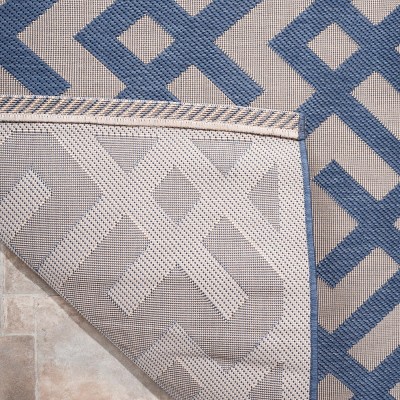 Beige and Blue Geometric Synthetic Indoor/Outdoor Area Rug