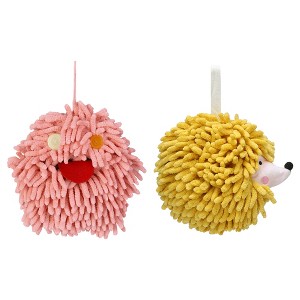 REGALWOVEN Fuzzy Cute Cartoon Decorative Hand Drying Hanging Ball Hand Towels 7" x 7" 2 Pcs - 1 of 4