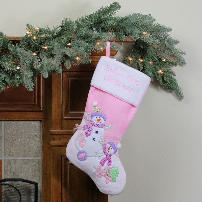 Northlight 21" Light Pink Baby's First Christmas Velveteen Snowmen Christmas Stocking, 2 of 4