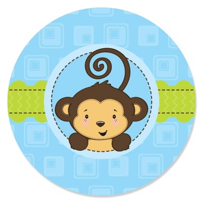 Big Dot of Happiness Blue Monkey Boy - Baby Shower or Birthday Party Circle Sticker Labels - 24 Count