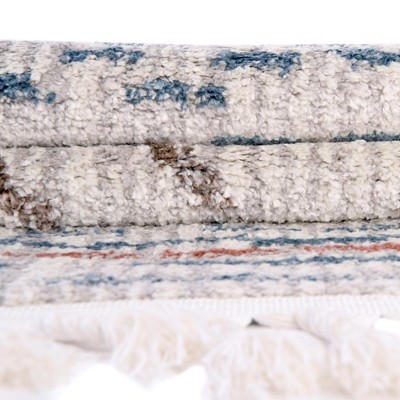 Ivory Geometric Braided Fringe Rectangular Synthetic Rug