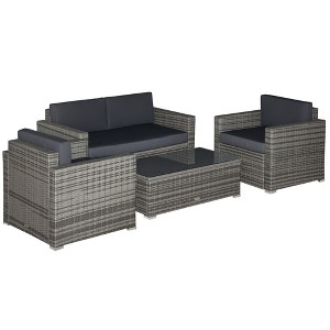 4 Piece Wicker Patio Furniture Set with Cushions, Outdoor Sectional Furniture with 2 Sofa, Loveseat, and Glass Top Coffee Table, Conversation Sofa Set - 1 of 4