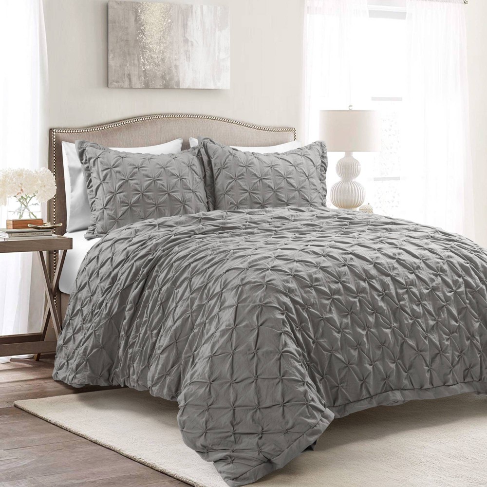 Photos - Bed Linen 3pc King Ravello Pintuck Soft Oversized Duvet Cover Set Gray - Lush Décor