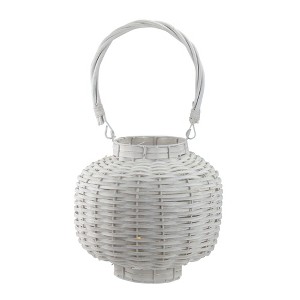 Kaemingk 17.5" Beach Day Weathered White Woven Wood Pillar Candle Lantern - 1 of 3