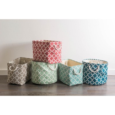 Aqua and White Fabric Collapsible Storage Bin with Rope Handles