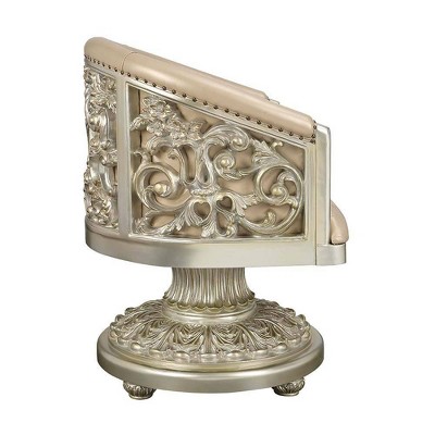 Antique Gold Floral Faux Leather Dining Chair with Wood Base