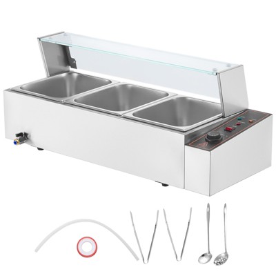 VEVOR 3-Pan Commercial Food Warmer, 3 x 8QT Electric Steam Table, 1500W Countertop Stainless Steel Buffet Bain Marie 86-185°F Temp Control, Silver