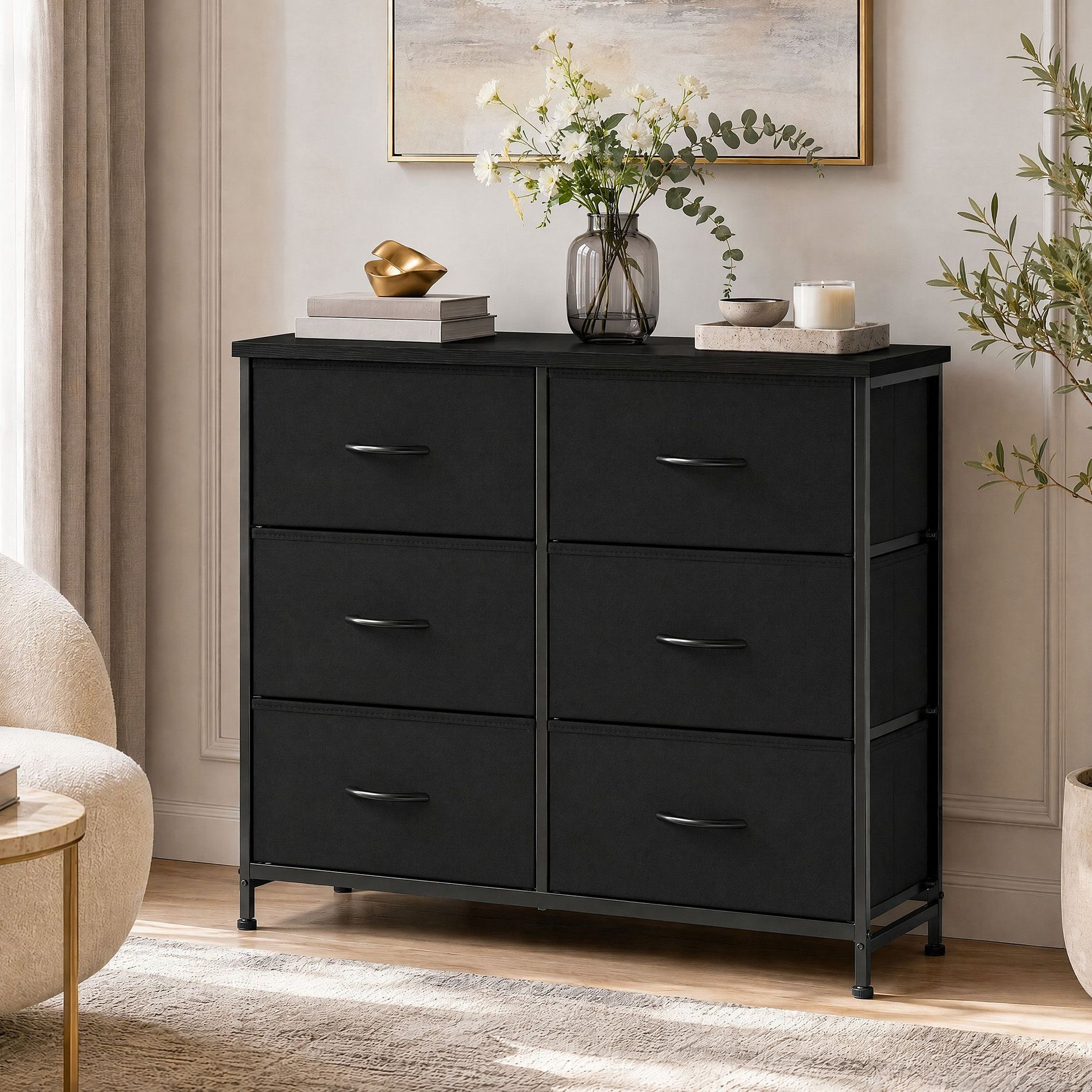 JIONJOY 6-Drawer Storage Dresser with Wood Top & Metal Frame, Fabric Storage for Bedroom, Closet，Black