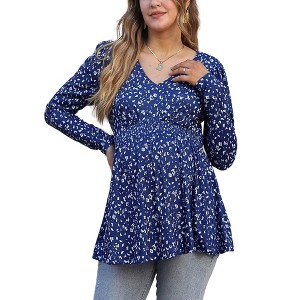 Clearlove Women's Maternity Tops Long Sleeve V Neck Front Pleat Peplum Tunic Top - 1 of 4