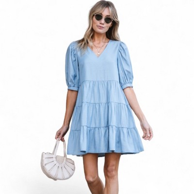 Amaryllis Women's Puff-Sleeve V-Neck Tiered Mini Dress Flowy Relaxed Fit