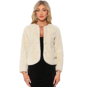 Allegra K Women's Faux Fur Long Sleeve Pockets Pearl Button Fluffy Cropped Cardigan Outerwear - 1 of 4