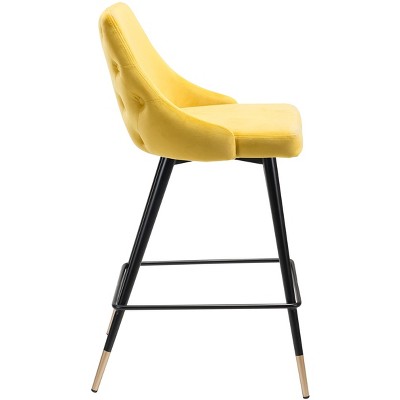 Yellow Velvet and Metal Counter Stool with Tapered Back
