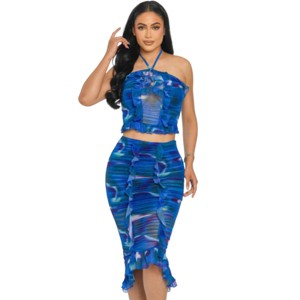 Slickblue Women's Tropical Print Mesh Halter Top and Ruffle Midi Skirt Set, Ruched Design, Blue, Size S-L - 1 of 4