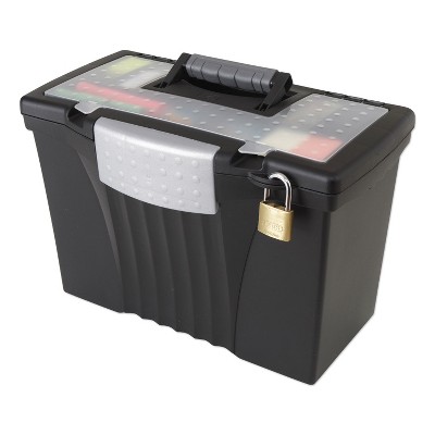 Black Plastic Portable File Box with Organizer Lid