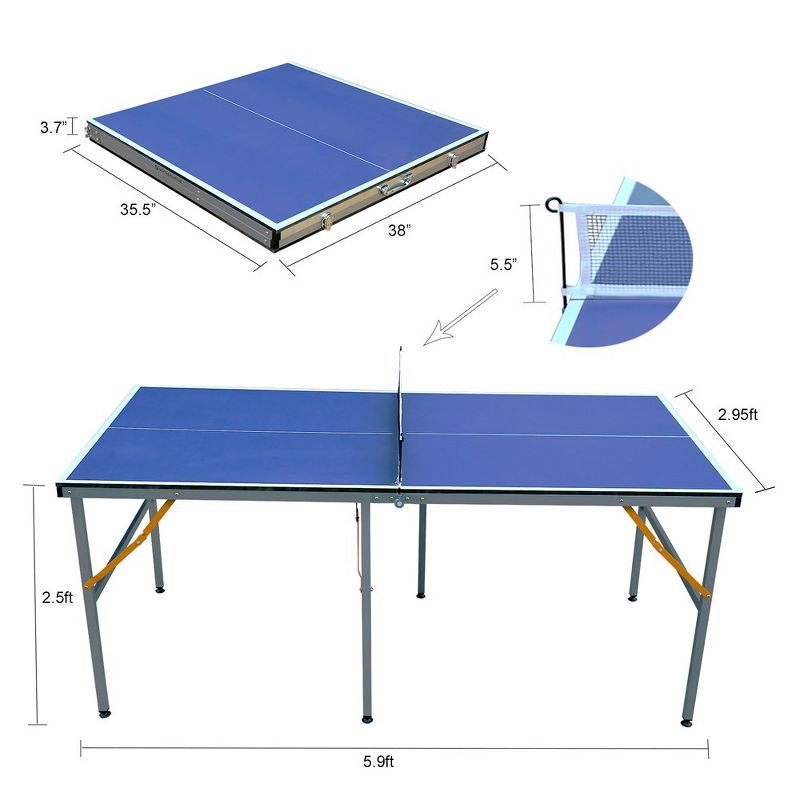 6ft Mid-Size Table Tennis Table Foldable & Portable Ping Pong Table Set, 2 Table Tennis Paddles and 3 Balls, 3 of 6